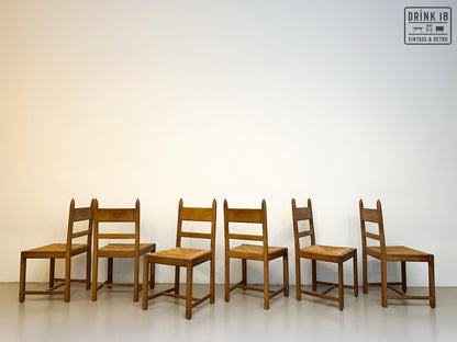 Brutalist - Set van acht eetkamerstoelen met gevlochten zitting