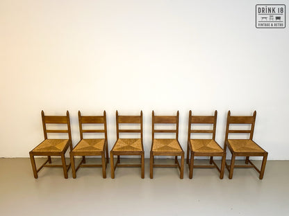 Brutalist - Set van acht eetkamerstoelen met gevlochten zitting